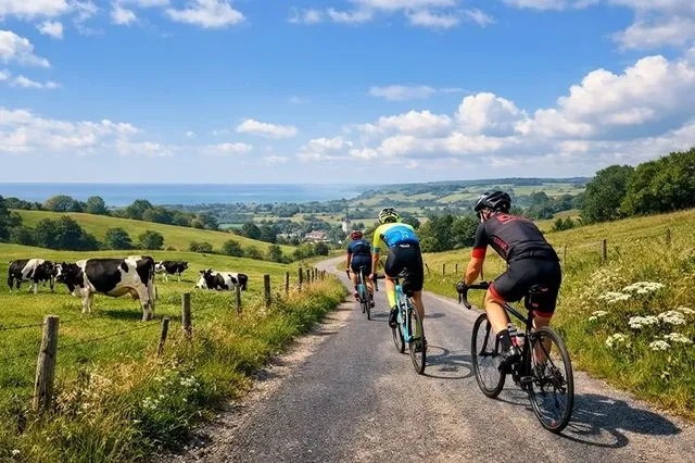 3 cyclistes de Cyclobelbeuf sur une route de campagne normande
