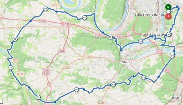 Tracé d'un parcours de de 140 km pour une grande sortie de Cyclobelbeu